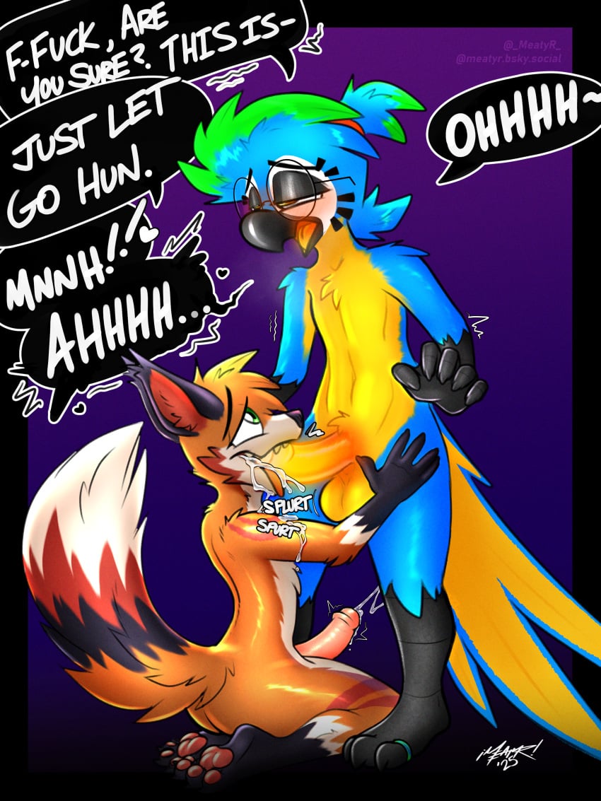3_toes 4_toes absurd_res ahe_gao anthro ara_(genus) avian balls belly big_tail bioluminescence bioluminescent_penis bird blue-and-yellow_macaw blue_body bodily_fluids breath chest_tuft circumcised colored countershading crotch_tuft cum cum_inside dialogue duo ejaculation eyebrows eyeshadow eyewear facial_markings feet fellatio fluffy fluffy_tail foreskin genital_fluids genitals glasses glowing glowing_genitalia glowing_penis hair hands-free head_markings hesitant hi_res kneeling looking_pleasured macaw makeup male male/male markings meatyr mitchell_(meatyr) mood_ring neotropical_parrot onomatopoeia open_mouth oral orange_body panting parrot penile penis ponytail raised_eyebrows round_glasses sex signature sound_effects speech_bubble tail text toes true_parrot tuft yellow_belly