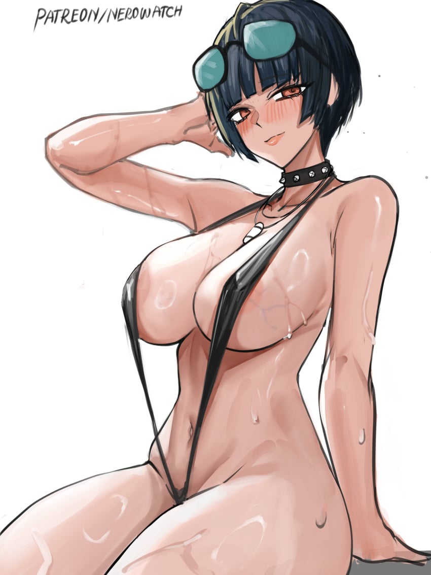 1girls atlus big_breasts black_sling_bikini blush breasts brown_eyes cleavage collar dark_blue_hair female female_only hair hand_behind_head headwear mature mature_female mature_woman necklace neckwear nero_watch persona persona_5 short_hair skimpy skimpy_bikini sling_bikini solo solo_female spiked_collar sunglasses sunglasses_on_head swimwear tae_takemi thighs wet wet_body