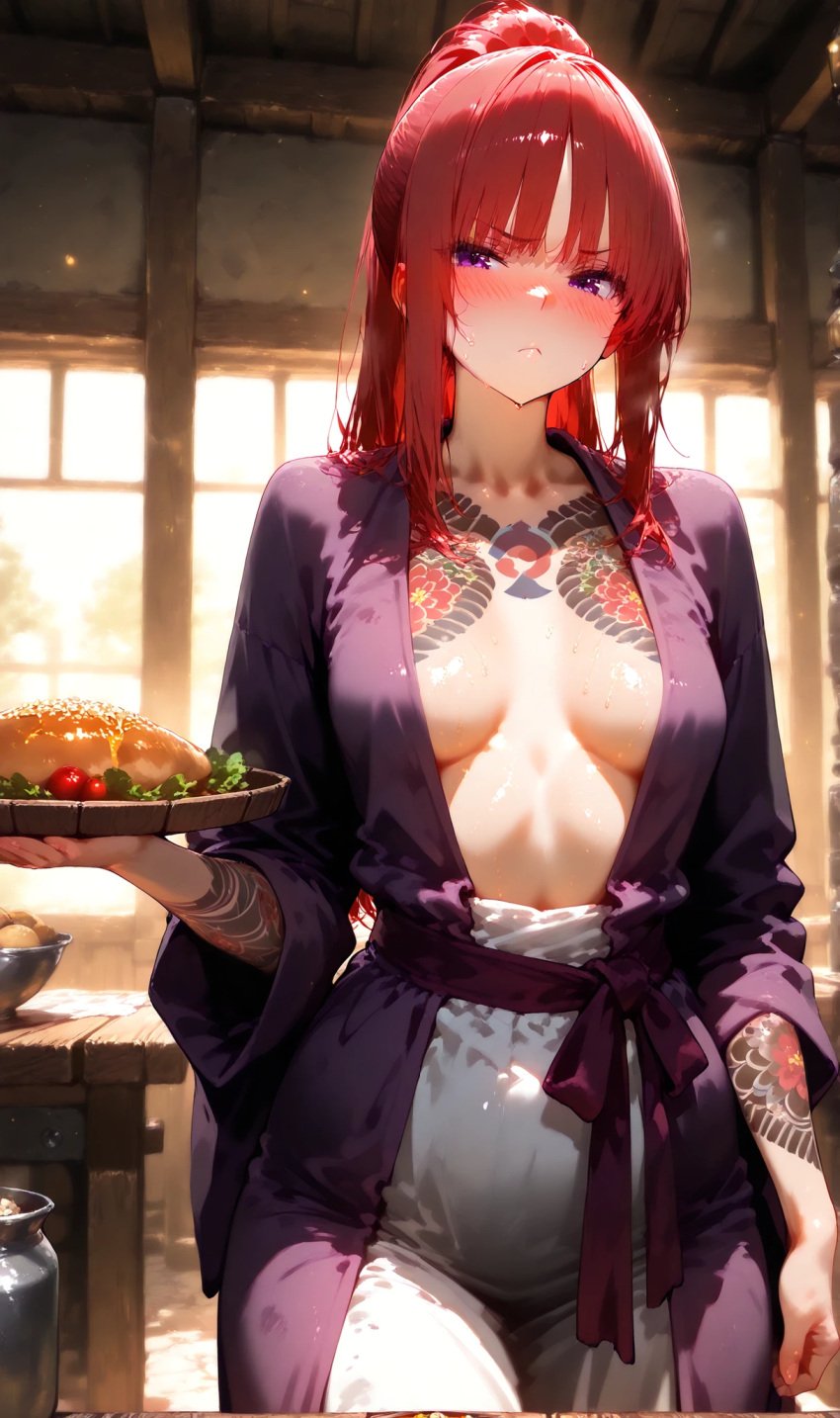 1girls ai_generated blush bsandra female haruna_(bsandra) high_ponytail long_hair original original_character ponytail purple_hair red_hair small_breasts tattoo tsundere