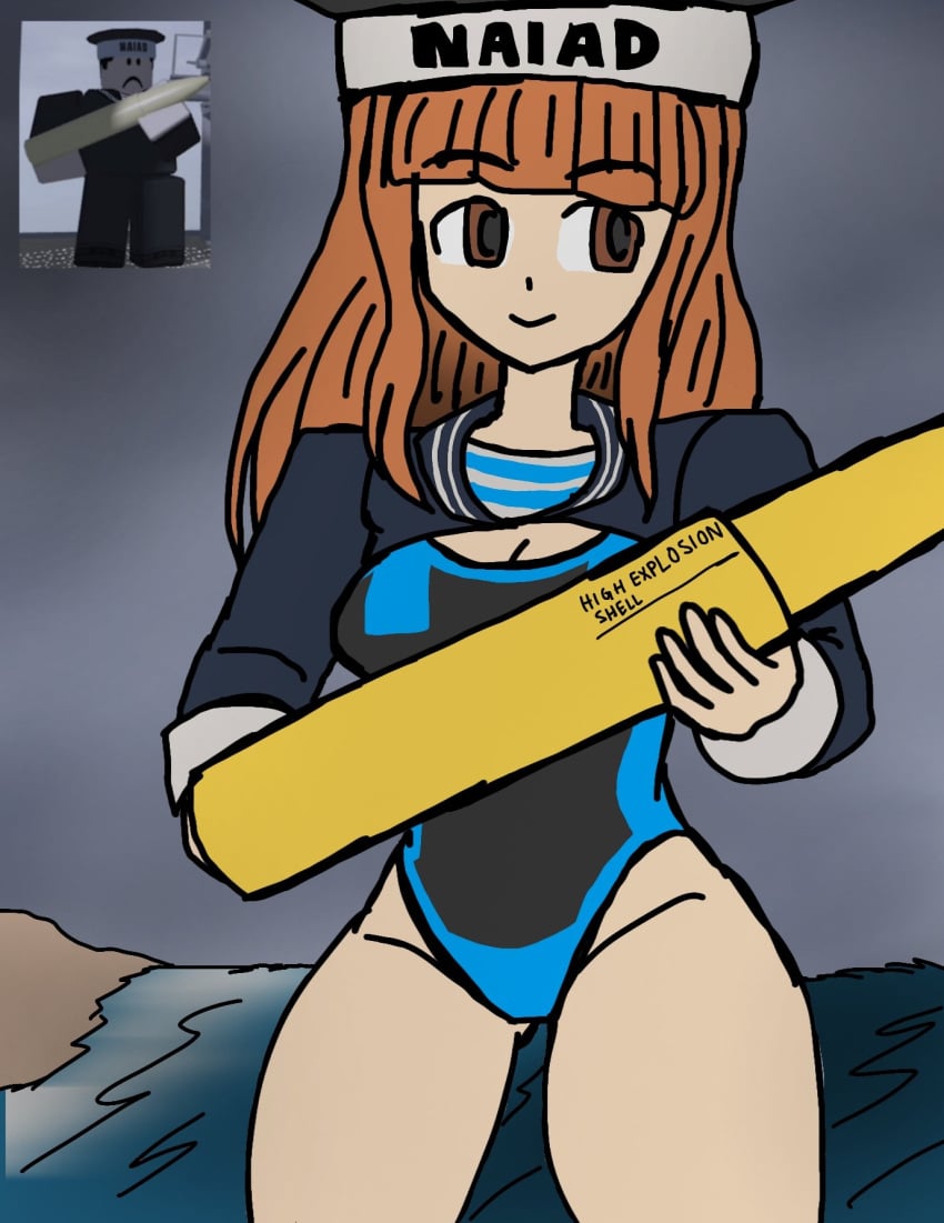 1girls copyright_request ellen_rochefil english_text explosives hat leotard long_hair mist orange_eyes orange_hair pale_skin reference_image roblox roblox_game robloxian sailor_uniform swimsuit tagme thighs