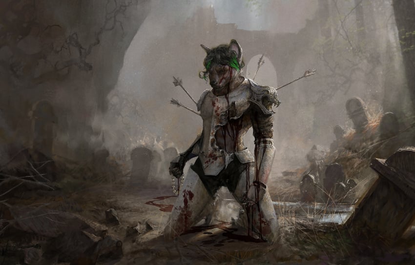 2025 anthro armor arrow_(weapon) blood bodily_fluids broken_armor canid canine canis cemetery dark_souls digital_media_(artwork) domestic_dog fog fromsoftware genitals gore hair hurt_expression male mammal messy_hair nosebleed plant ranged_weapon sasha_shkip solo tombstone tree weapon wounded