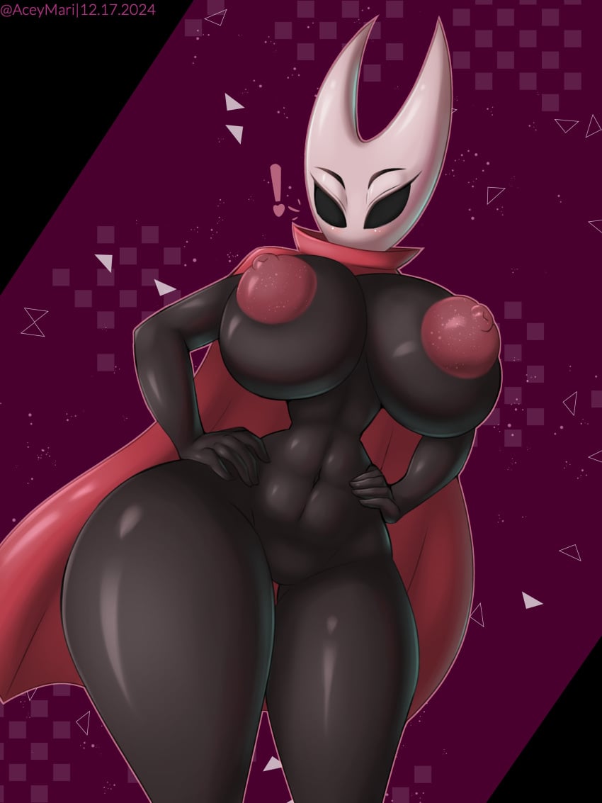 ! 1girls aceymari alternate_version_available anthro areolae big_breasts black_body black_eyes black_skin bottomless breasts cloak exclamation_point female female_only hands_on_hips hips hollow_knight hornet_(hollow_knight) huge_breasts naked naked_female nipples nude nude_female red_cloak solo solo_female thick_thighs thighs topless wide_hips