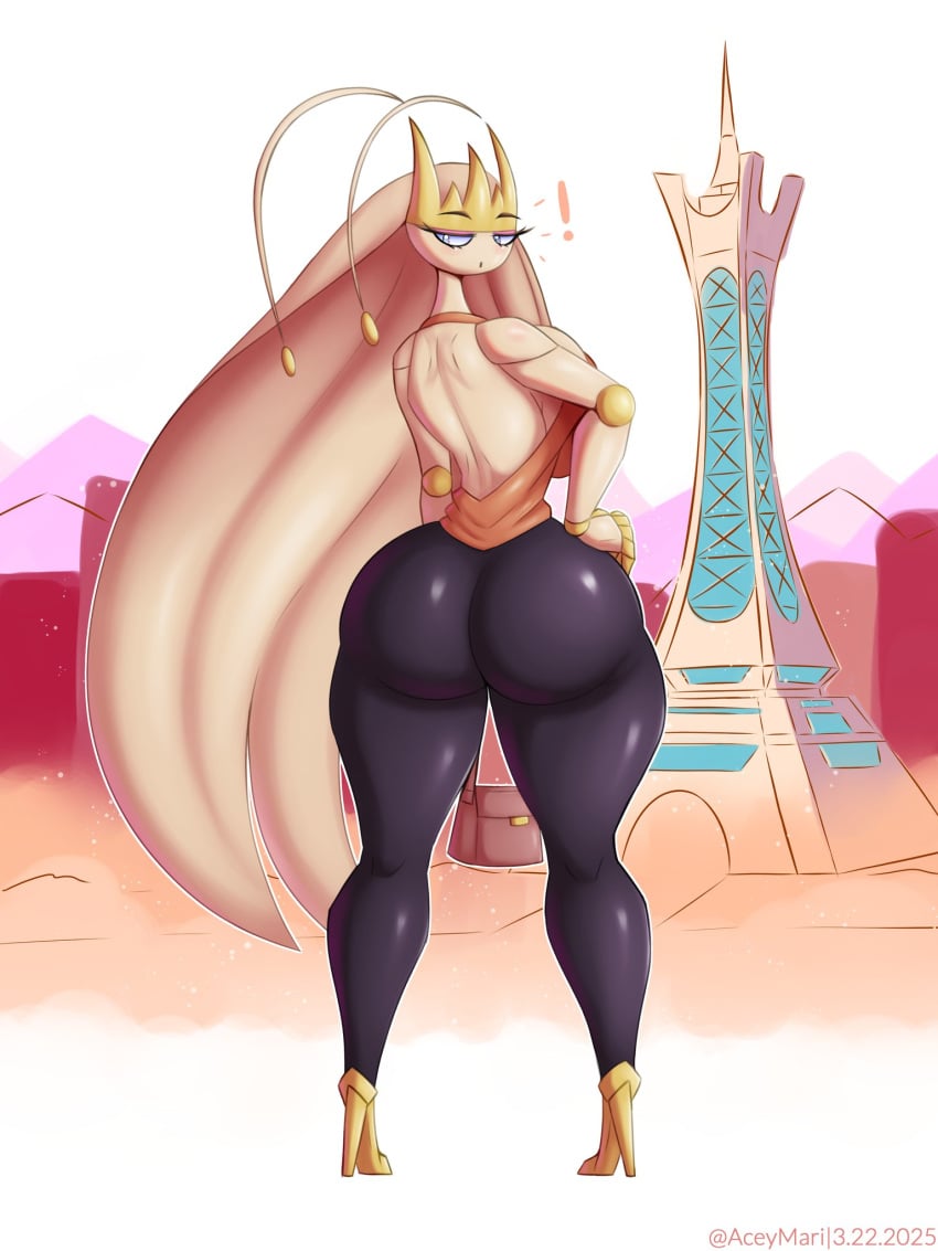 ! 1girls aceymari ass back back_view big_ass blue_eyes bubble_ass bubble_butt clothing exclamation_point female female_only footwear full_body game_freak hair hand_on_hip heels high_heels huge_ass legs long_hair looking_back pheromosa pokemon pokemon_(species) pokemon_sm solo solo_female thighs white_body white_hair white_skin