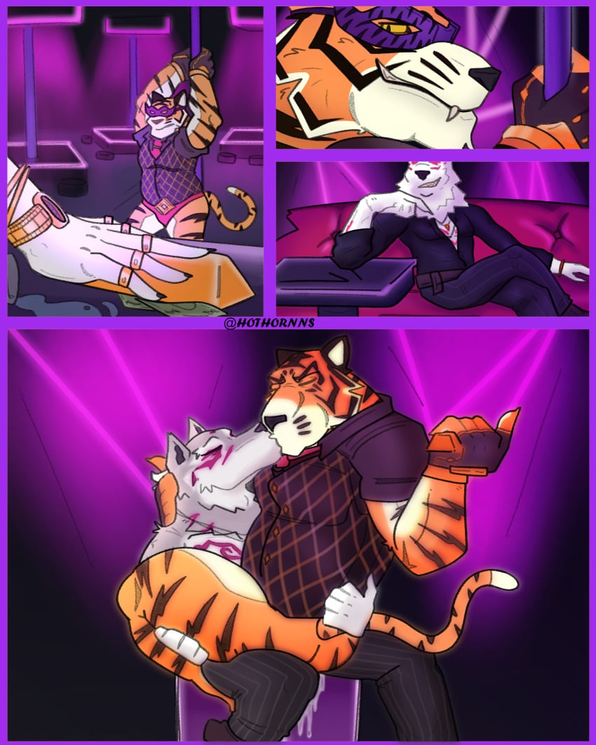 4:5 anal anthro ass bodily_fluids bottomwear canid canine canis clothed clothing comic comic_panel digital_media_(artwork) duo epic_games felid fletcher_kane fortnite fortnite:_battle_royale fur genital_fluids hi_res humanoid kiss_on_lips kissing looking_at_viewer male male/male male_penetrated male_penetrating male_penetrating_male mammal muscular muscular_anthro muscular_male oscar_(fortnite) pantherine pecs penetration sex smile sterlingrizzly stripes tail tiger topwear white_body white_fur wolf
