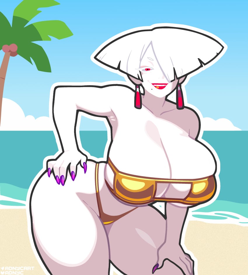 1girls a.k.i. adnyc beach big_breasts bikini bikini_bottom bikini_top bottomwear breasts capcom cleavage ear_piercing earrings eyepatch_bikini female female_only golden_bikini golden_week hair hips huge_breasts lips lipstick mole mole_under_mouth nail_polish nails purple_nail_polish purple_nails red_eyes red_lips red_lipstick solo solo_female street_fighter swimwear thick_thighs thighs topwear white_body white_hair white_skin wide_hips