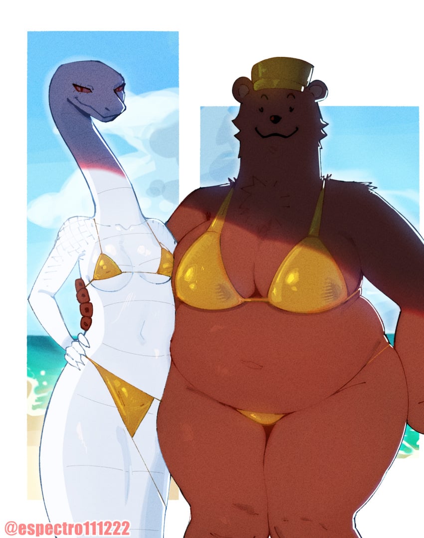 2girls bear bear_girl big_breasts bikini espectro111222 female frey_(espectro111222) furry golden_bikini huge_ass huge_thighs scalie seki_(espectro111222) slim small_breasts snake_girl