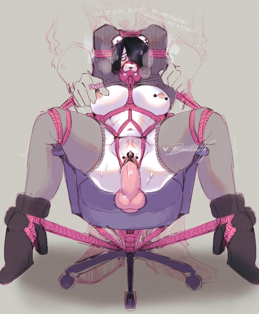 anthro arms_above_head arms_tied ball_gag bear bondage bondage bound bunny_(milkbearbunny) chair clitoris clitoris_piercing clothed clothing clothing_lift disembodied_penis female female_penetrated fur furniture gag gagged genital_piercing genitals grey_background group hi_res knot knotted_penis legs_tied legwear male male/female male_penetrating male_penetrating_anthro male_penetrating_female mammal milkbearbunny muzzle_gag nipple_fetish nipple_piercing nipple_pinch nipple_play nipples office office_chair penetration penile penile_penetration penis penis_in_pussy piercing pinch restraints rope rope_bondage rope_harness sex simple_background spread_legs spreading submissive submissive_anthro submissive_female sweater sweater_lift thigh_highs topwear trio vaginal_penetration vaginal_penetration white_body white_fur