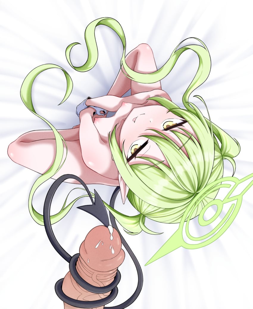 1boy :q bed_sheet black_tail blue_archive breasts closed_mouth commentary_request erection female from_above gimrondo_csne4455 gloves green_hair green_halo halo highres long_hair looking_at_viewer looking_up male nipples nozomi_(blue_archive) nude penis pointy_ears sitting small_breasts smile solo_focus straight tail tailjob tongue tongue_out twintails uncensored very_long_hair white_gloves yellow_eyes young