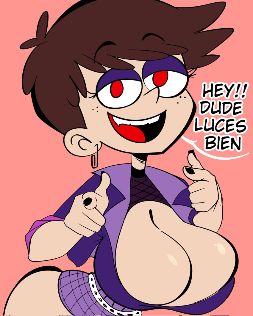 1girls banmondragon big_breasts breasts brown_hair female female_only happy happy_female luna_loud nickelodeon purple_clothing red_eyes short_hair smile smiley_face the_loud_house tongue