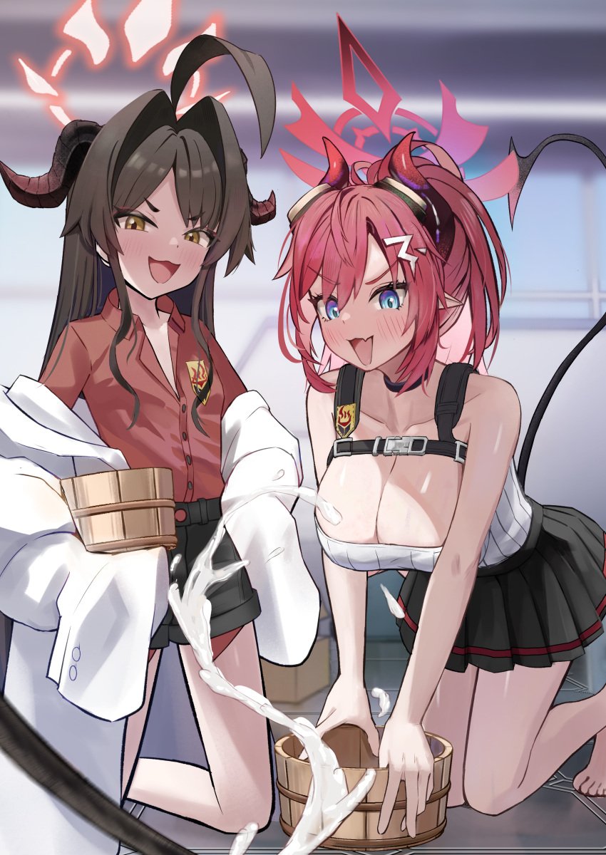 2girls :3 :d absurdres ahoge bare_shoulders black_choker black_hair black_horns black_shorts black_skirt black_tail blue_archive blue_eyes blurry blurry_background blush breasts brown_hair bucket choker cleavage collarbone collared_shirt commentary_request completely_nude cum demon_girl demon_horns demon_tail ejaculation female groin hair_between_eyes hair_intakes hair_ornament hairclip halo hands_on_own_hips highres horns huge_ahoge indoors kasumi_(blue_archive) kneeling large_breasts long_hair looking_at_viewer megu_(blue_archive) miniskirt multiple_girls navel nipples nude oerba_yun_fang onafuku open_mouth paid_reward_available pleated_skirt pointy_ears ponytail pov red_hair red_halo red_horns red_shirt shirt shorts sidelocks skin_fang skirt small_breasts smile suggestive_fluid tail tail_raised thick_eyebrows tile_floor tiles v-shaped_eyebrows yellow_eyes young