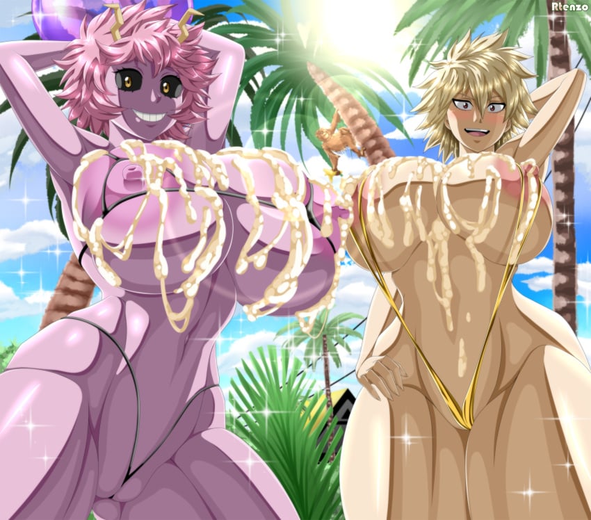 2025 2girls big_breasts black_sclera blonde_hair cum cum_on_breasts ero-enzo female female_only looking_at_viewer mina_ashido mitsuki_bakugou my_hero_academia nipples pale-skinned_female pale_skin pink-skinned_female pink_hair pink_skin rtenzo shounen_jump swimsuit tagme watermark yellow_eyes