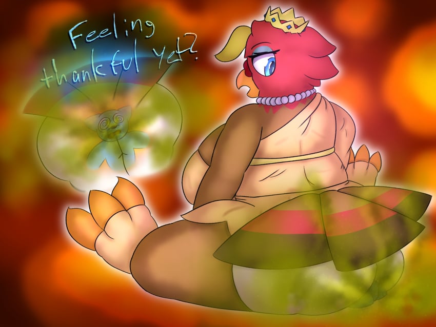 anthro ass avian big_butt bird breasts clothed clothing crown digital_media_(artwork) duo facesitting fart fart_cloud farting_on_another farting_on_face female galliform hair headgear hi_res holidays inactivelime male male/female mammal phasianid simple_background sitting_on_another tail text thanksgiving turkey