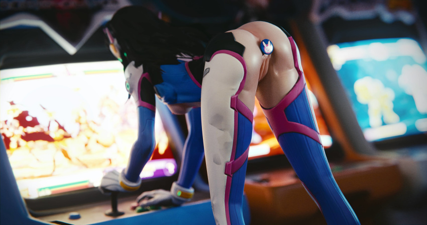 3d absurdres anal anal_insertion anal_object_insertion arcade asian ass ass_up bent_over black_hair blender blizzard_entertainment blur bodysuit breasts breasts_out brown_eyes brown_hair buttplug clothing cute d.va d.va_buttplug dildo doggy_style eyelashes female footwear fringe hanamura_(map) handwear highres human long_hair nipple open_clothes overwatch playing playing_games pussy skinny teenager video_games yeero