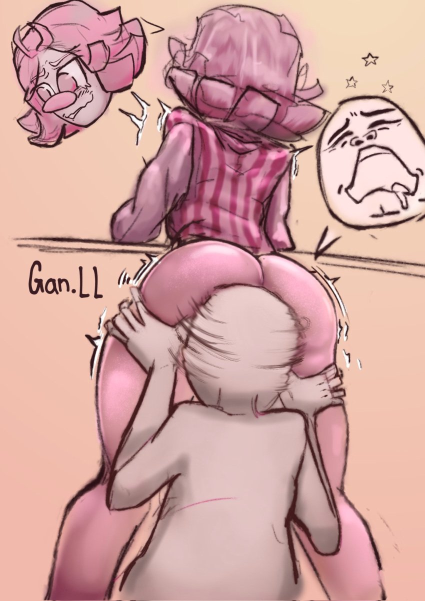 2023 ahe_gao anon ass clown clown_girl eating_ass eating_pussy fara_(ganli) female female_focus ganli male original original_character pink_background pink_eyes pink_hair short_hair thigh_grab thighs