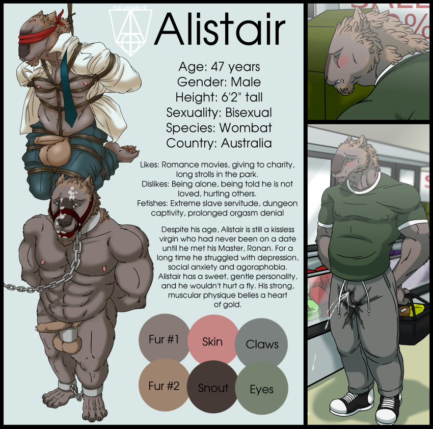 alistair_(toothpasta) ball_stretcher balls blindfold bound clothed clothing color_swatch cum_through_clothes english_text erection gay humanoid_penis kneeling male male_only mammal marsupial model_sheet multiple_images muzzle_(object) muzzled nude open_clothes open_shirt penis poking_out rope rope_bondage rope_harness shirt solo solo_male standing text toothpasta uncut wombat