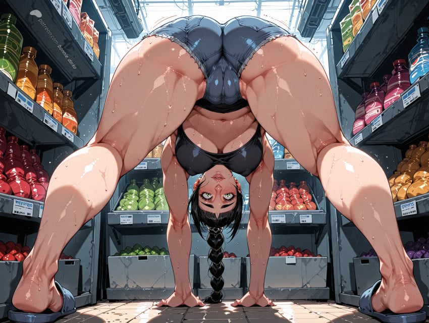 2d ai_assisted ai_generated art baldur's_gate_3 belly big_ass blush bonnie_darko camel_toe cameltoe dark_hair erect_nipples female female green_eyes grocery_store jean_shorts legs_apart long_hair medium_breasts ponytail self_upload shadowheart shadowheart_(baldur's_gate) slippers spread_legs thick_ass thick_thighs topwear