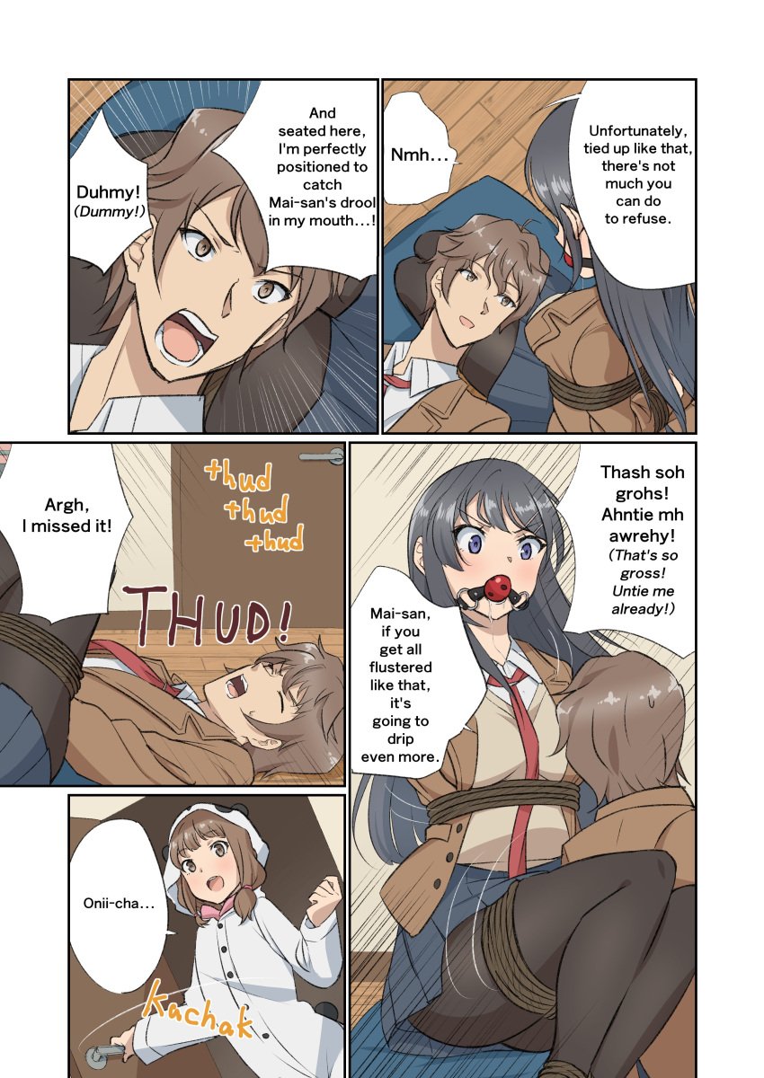 1boy 2girls absurdres arms_behind_back azusagawa_kaede azusagawa_sakuta ball_gag between_breasts black_hair black_pantyhose blush bondage book bound bound_ankles bound_arms bound_legs bound_thighs bound_torso breasts comic cosplay drooling english_text female female_focus frogtie gag gagged highres indoors jacket kigurumi kneeling legs_together long_hair long_sleeves lying lying_on_lap male medium_breasts misunderstanding multiple_girls necktie necktie_between_breasts no_shoes on_back on_cushion on_floor open_clothes open_jacket open_mouth pantyhose photo_(object) pleated_skirt purple_eyes rope sakurajima_mai saliva saliva_puddle saliva_trail school_uniform seishun_buta_yarou seishun_buta_yarou_wa_bunny_girl_senpai_no_yume_wo_minai shibari_over_clothes shirt simple_background skirt solo speech_bubble straight tagme tamawwwwwwwww tie unworn_gag wiffle_gag wooden_floor