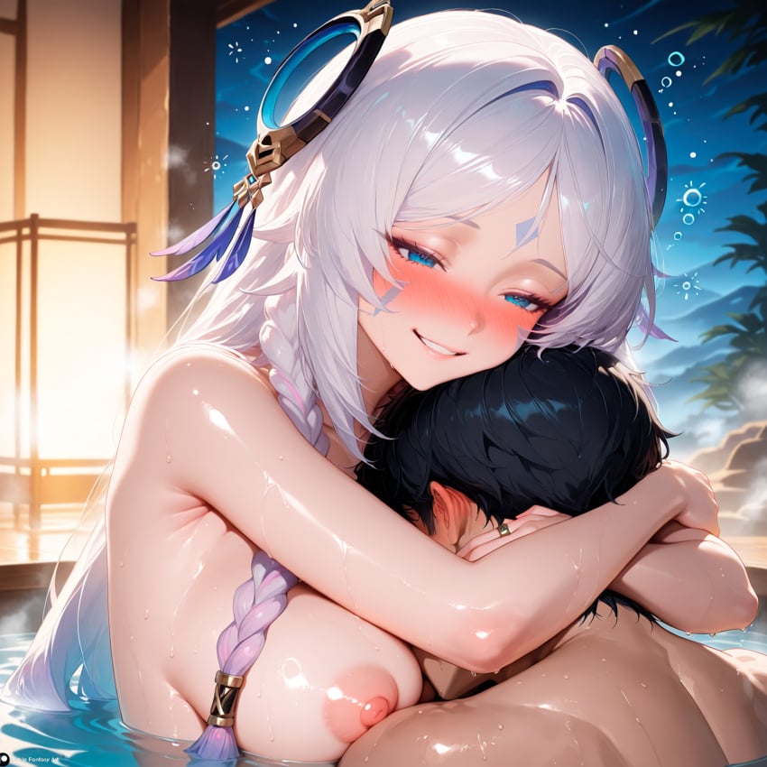 1boy 1boy1girl 1female 1girls ai_generated bathing bathroom blue_eyes blush bracelet braids citlali_(genshin_impact) cleavage eyeliner face_on_breast facial_marks feathers genshin_impact hair_between_eyes hair_ornament hoyoverse hug indoors lavander_hair light-skinned_female light_skin long_hair makeup medium_breasts mihoyo naked ombre_hair ornament patreon puffy_nipples relaxing sexually_suggestive sexy shiny_skin shy sleepy sound_effects stable_diffusion stblfantasy straight_hair suggestive suggestive_look water wet