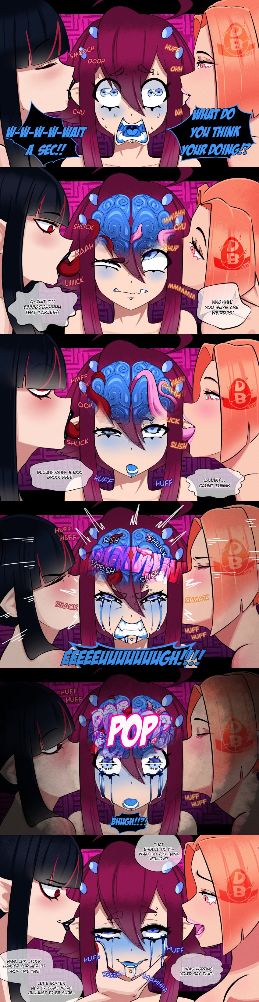 3girls audrey_(diceyboi) black_hair black_lipstick blue_eyes blue_lipstick blue_mouth blue_tongue brain brain_drain brain_fuck clenched_teeth closed_eyes deep_penetration dialogue diceyboi drooling ear_licking ear_penetration english_text eyes_rolling_back female female_only goth goth_girl kissing kissing_ear licking licking_ear long_hair long_tongue mind_break multiple_images nickie_(diceyboi) onomatopoeia open_mouth otolingus peach_hair piercing pink_lipstick red_eyes sensory_overload tears text tongue_fucking tongue_in_ear violet_hair watery_eyes wide_eyed willow_(diceyboi) x-ray yuri