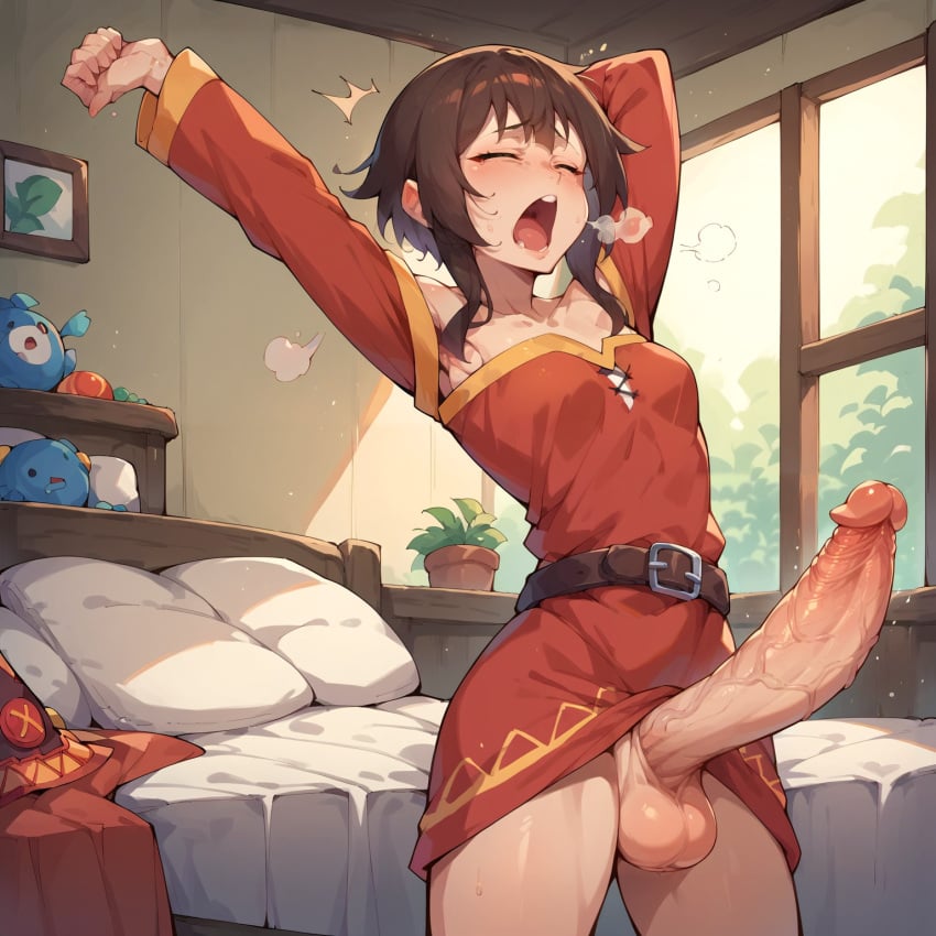 1futa ai_generated big_balls big_penis bluebewwy closed_eyes clothed clothing erection erection_under_clothes futanari intersex kono_subarashii_sekai_ni_shukufuku_wo! lying lying_on_back lying_on_bed megumin no_panties sleeping small_breasts solo solo_futa waking_up yawn yawning
