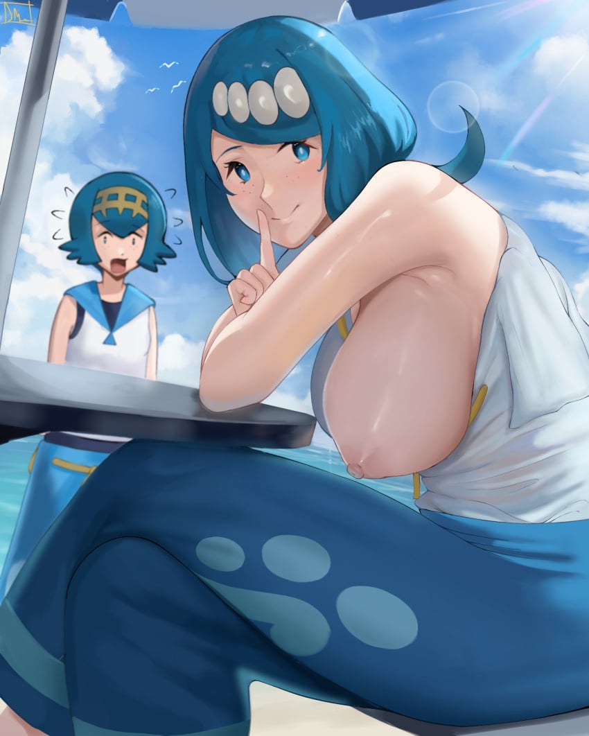 2girls absurdres armpits bare_shoulders beach blue_eyes blue_hair blue_sailor_collar breast_slip breasts bright_pupils cloud cloudy_sky creatures_(company) female finger_to_mouth flashing freckles game_freak hair_ornament hairband highres index_finger_raised lana's_mother_(pokemon) lana_(pokemon) large_breasts looking_at_viewer magdalenus27 mature_female milf mother_and_daughter multiple_girls nintendo nipples no_bra one-piece_swimsuit one_breast_out open_mouth pants parasol pokemon pokemon_sm sailor_collar shirt short_hair shushing sitting sky sleeveless smile sunlight swimsuit swimsuit_under_clothes table tied_hair umbrella