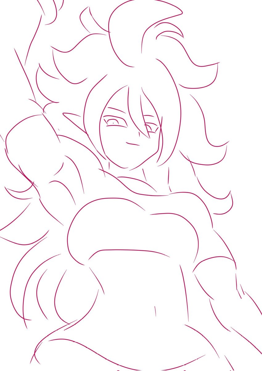 android_21 android_21_(good) armpits arms_behind_head big_breasts curly_hair dragon_ball_(series) dragon_ball_fighterz fanart long_hair majin_android_21 sketch sleeves smile topwear video_game_character video_games yamidanight