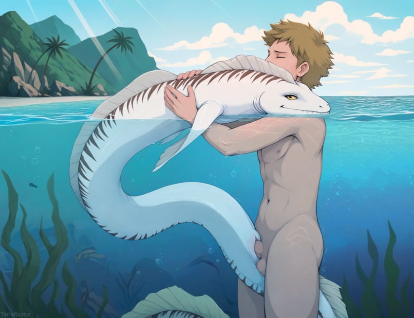 2020s 2025 ai_assisted animal_genitalia balls balls_deep beach brown_stripes cloaca closed_eyes cloud dorsal_fin duo eel embrace fantasy female feral feral_penetrated fin fish genitals gills hug human human_on_feral human_penetrating human_penetrating_feral interspecies light light_beam looking_pleasured male male/female male_on_feral mammal marine moray_eel nude palm_tree partially_submerged penetration penile penile_penetration penis penis_in_cloaca plant scales sea seaside seaweed serpentine sex stripes sunbeam sunlight terraraptor tree tropical underwater underwater_sex vaginal_penetration water white_body white_scales zoophilia