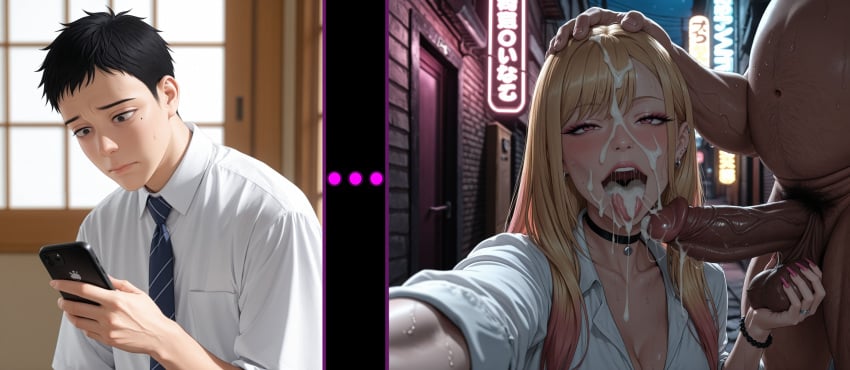 1boy 1girls after_fellatio ai_generated alley balls bitchy black_eyes black_hair blonde_hair blowjob breasts cheating cheating_girlfriend choker cleavage comic cuck cuckold cuckolding cum cum_drip cum_in_mouth cum_on_face cum_string cumshot excessive_cum excessive_saliva female gojou_wakana grabbing head_grab human japanese_female kitagawa_marin light-skinned_female light_skin makeup male mole multicolored_hair netorare night ntr open_mouth outdoors penis perfect_body phone phone_ringing piercing pink_eyes saliva_drip saliva_string saliva_trail selfie shirt short_hair sono_bisque_doll_wa_koi_wo_suru stable_diffusion sweat taking_picture testicle_grab testicles tie tongue vooluxx white_shirt