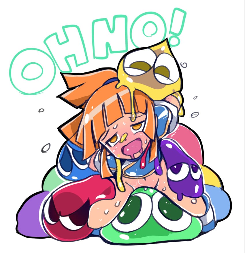 1girls ahe_gao arle_nadja blue_skin blush bottomless clothed clothing female goo_creature green_skin hair hi_res human human_focus interspecies long_hair mammal open_mouth orange_eyes orange_hair penetration purple_skin puyo_(puyopuyo) puyo_puyo red_skin robojanai size_difference spread_legs sweat vaginal_penetration yellow_skin