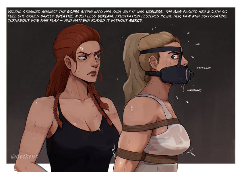 2girls angry angry_face black_widow_(marvel) black_widow_(movie) blonde_hair bondage crying deckenz female female_only femsub florence_pugh gag gagged gagged_speech gagging gagging_noise harness_gag marvel marvel_cinematic_universe multiple_girls muzzle muzzle_gag natasha_romanoff panel_gag payback red_hair restrained revenge rope_bondage scarlett_johansson sisters superheroine sweat the_avengers yelena_belova