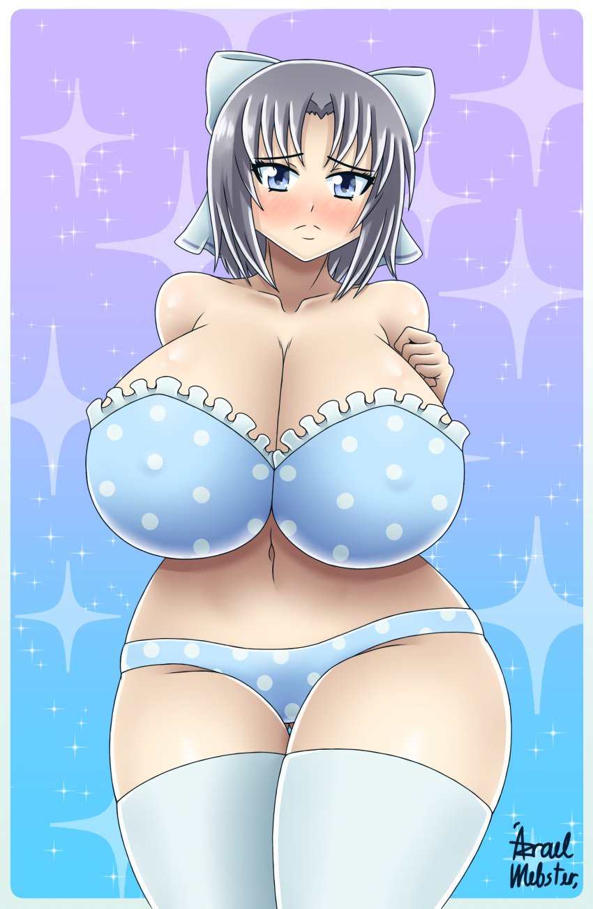 artist_signature azraelwebster blue_eyes blush bra frown grey_hair huge_breasts lingerie looking_at_viewer panties senran_kagura skindentation stockings yumi_(senran_kagura)