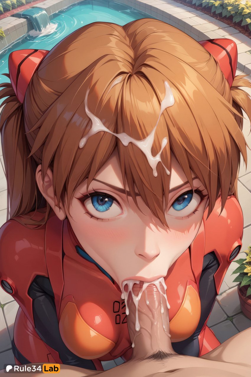 1boy 1boy1girl 1girls :>= ai_generated artist_name asuka_langley_sohryu blowjob blue_eyes blush bodysuit breasts brown_hair cum cum_in_mouth cum_on_hair erection facial fellatio hair_between_eyes hi_res interface_headset long_hair looking_at_viewer male_pubic_hair medium_breasts neon_genesis_evangelion oral patreon_logo patreon_username penis plugsuit pov pubic_hair red_bodysuit rule34lab solo_focus souryuu_asuka_langley straight uncensored veins veiny_penis water