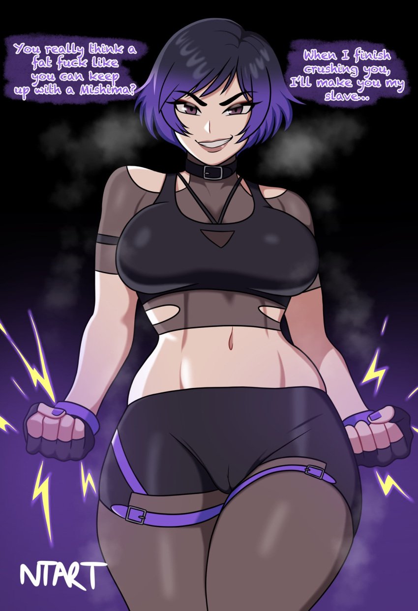 1girls big_breasts breasts cameltoe choker clothed english_dialogue english_text female femdom looking_at_viewer moments_before_disaster naughty_taboos navel painted_nails purple_hair reina_mishima short_hair smile smirk solo speech_bubble tekken tekken_8 text toned toned_female wide_hips