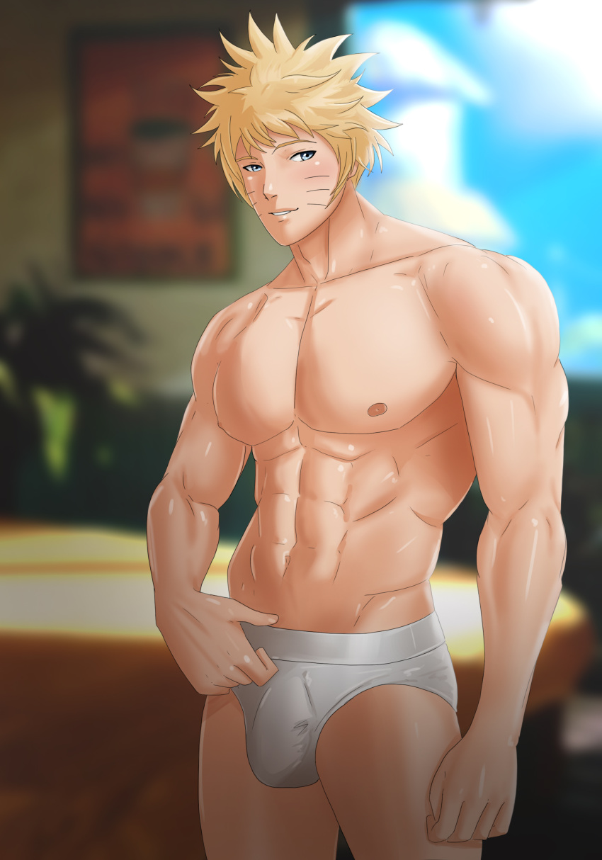 1boy abs amenoosa bara blonde_hair blue_eyes bulge male male_only muscles muscular muscular_male namikaze_menma naruto naruto_(series) naruto_shippuden nipples pecs solo solo_male standing underwear uzumaki_naruto whisker_markings whiskers