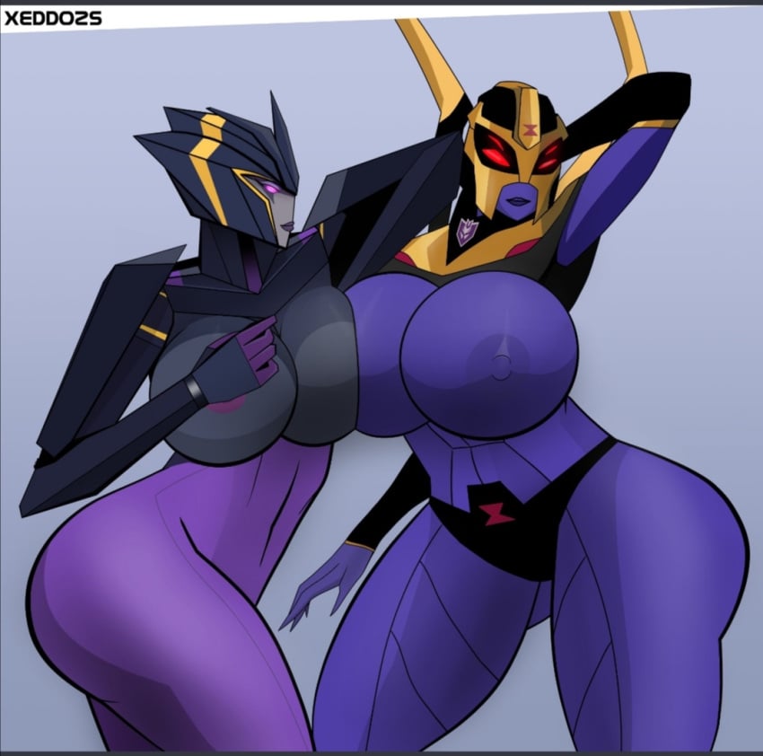 2girls airachnid armpits ass big_ass big_breasts blackarachnia breasts busty cleavage curvy decepticon female female_only hips huge_ass large_breasts multiple_girls nipples purple_eyes red_eyes robot robot_girl thick thick_ass thick_thighs thighs transformers transformers_animated transformers_prime wide_hips xeddo