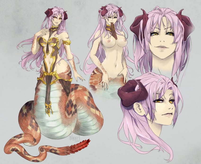 barely_visible_genitalia big_breasts breasts clothing_lift female full-length_portrait full_length hair horn kiguri kiguryu lamia long_hair looking_at_viewer monster_girl multiple_angles nipples pink_hair rattlesnake reptile scalie seductive smile snake solo standing subtle_pussy wide_hips yellow_eyes