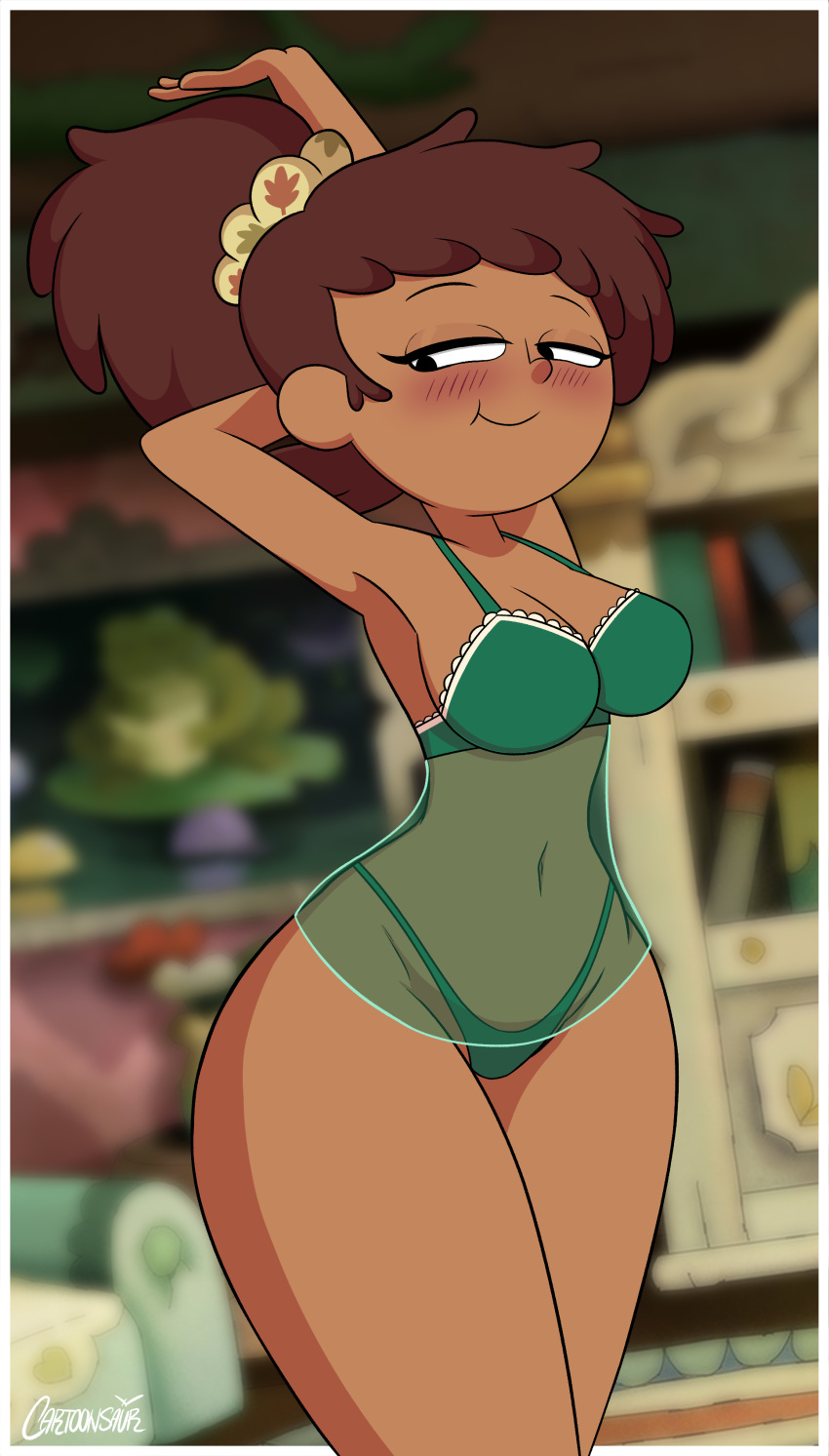 1female 1girls aged_up alternate_version_available amphibia amphibia_(finale) anne_boonchuy asian asian_female big_breasts blurry_background blush breasts brown_hair cartoonsaur clothing disney disney_channel female female_focus female_only hair_scrunchie high_resolution hourglass_figure lingerie night_gown pose scrunchie smile smiling_face solo solo_female solo_focus straight_hair tan_skin thai thong_panties very_high_resolution