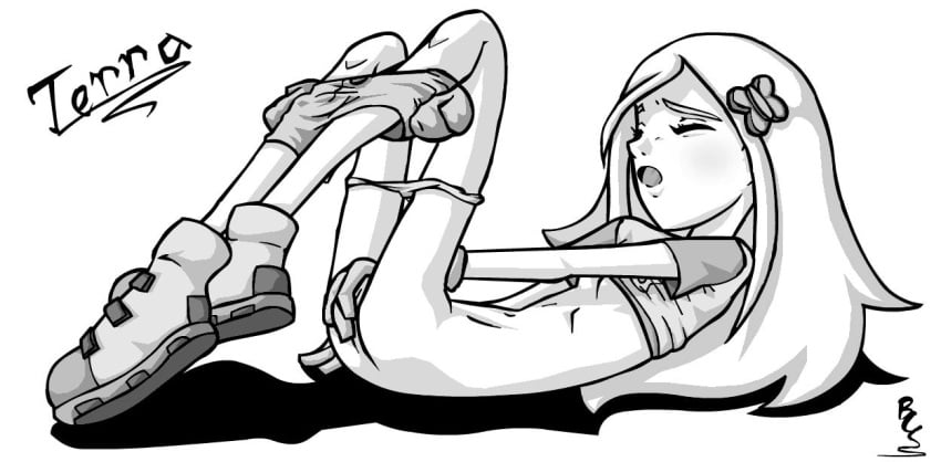 1girls bcs blonde_hair blue_eyes dc_comics female female_only footwear handwear human manual masturbation monochrome pale_skin solo straight_hair teen_titans terra terra_(dc) vaginal