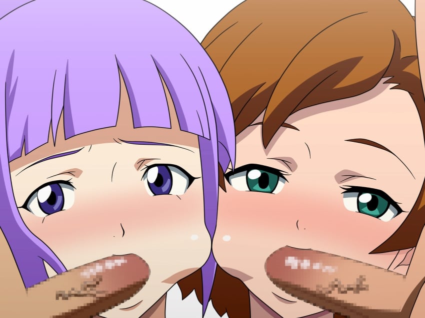 2girls blush breasts brown_hair cheek_bulge faceless_male fellatio fram_nara green_eyes gundam gundam_age hair_bun kame_(artist) multiple_girls oral penis purple_eyes purple_hair romary_stone short_hair tied_hair