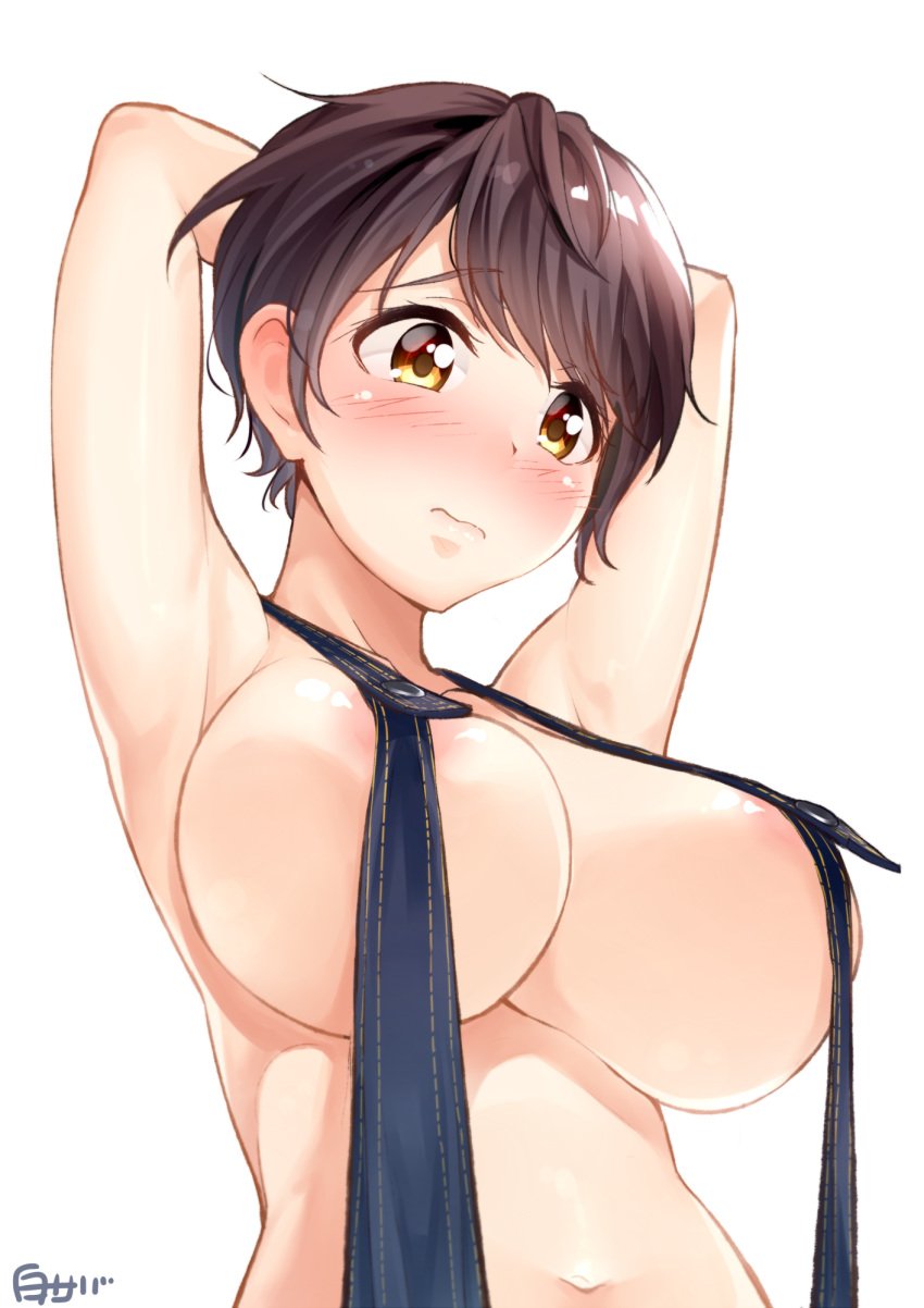 areola_slip armpits arms_up blush breasts brown_eyes brown_hair covered_nipples female hands_behind_head highres idolmaster idolmaster_cinderella_girls large_breasts looking_down oikawa_shizuku shirosaba47 short_hair suspenders white_background