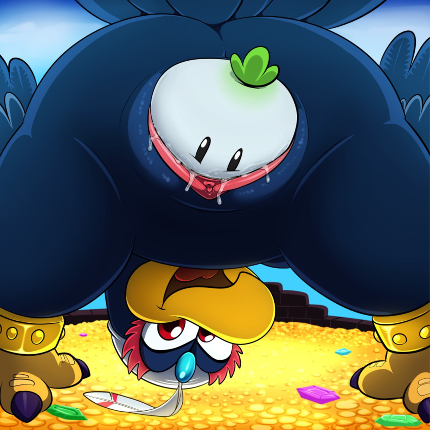 ass avian bird bracelets captain_toad_treasure_tracker clitoris feather female food gem gold half-closed_eyes lonbluewolf looking_at_viewer mario_(series) nintendo open_mouth pussy red_eyes rule_63 tongue treasure turban turnip vegetable video_games wingo_(mario)