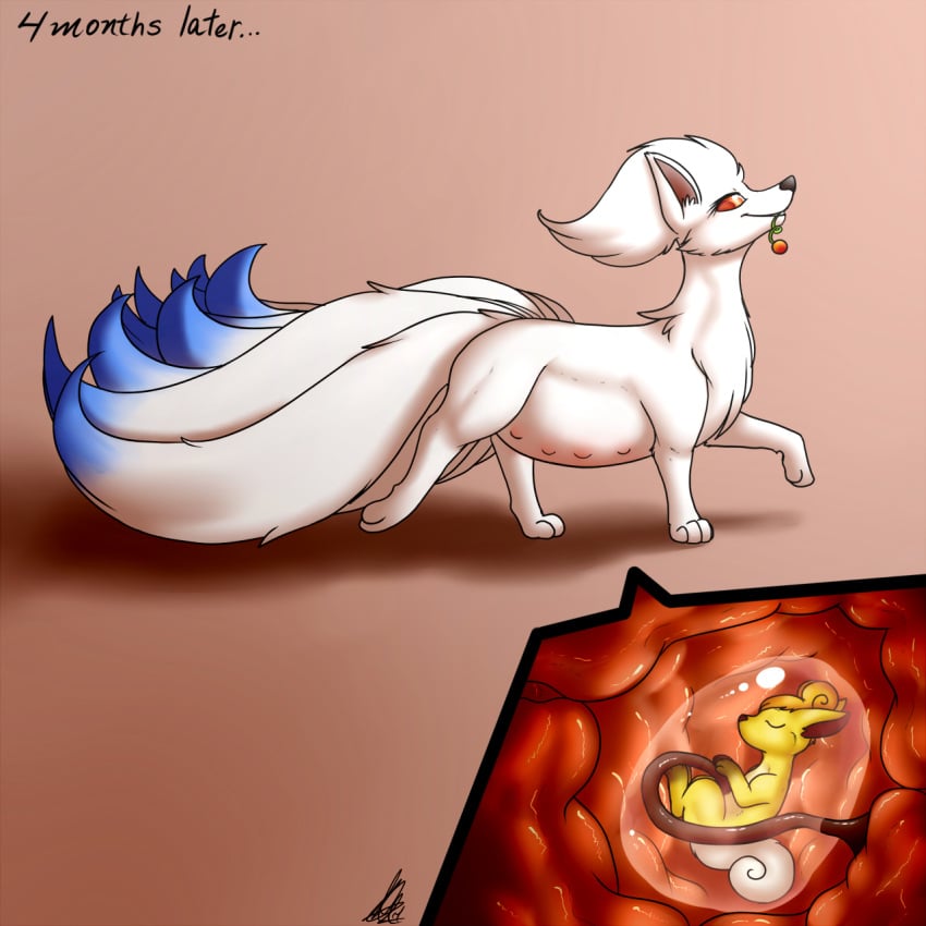 1boy 1girls alolan_form alolan_ninetales alternate_color bedroom_eyes belly berry big_belly canine closed_eyes feet female feral fetus food fox fruit fur furry hair human internal interspecies looking_back male mammal multi_breast multi_nipple multi_tail ninetales nintendo nipples original_character paws placenta pokemon pokemon_(species) pokemon_rgby pokemon_sm pregnant regression shikaro shiny_ninetales shiny_pokemon shiny_vulpix size_difference straight text transformation umbilical_cord unbirthing uterus video_games vore vulpix