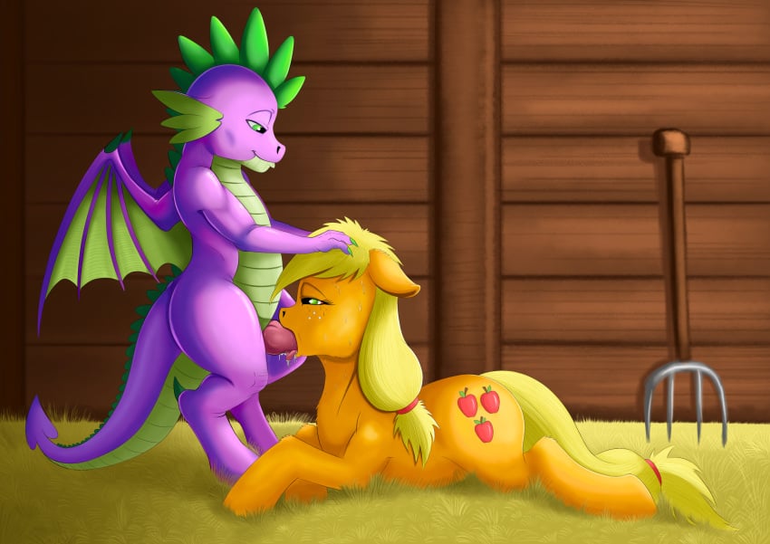 2016 absurd_res applejack_(mlp) dragon earth_pony equine erection exelzior-maximus fellatio female feral friendship_is_magic hi_res horse male mammal my_little_pony oral penis pony sex spike_(mlp)