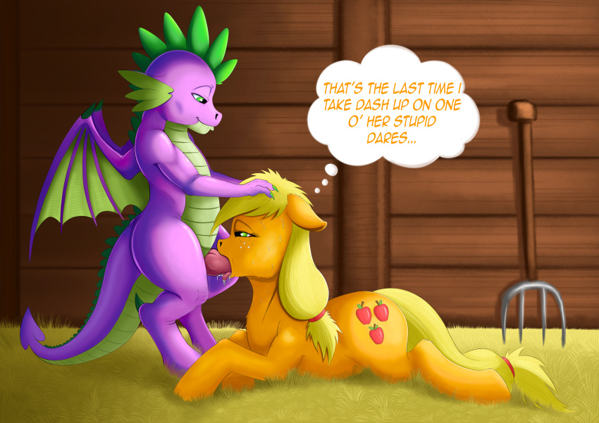 2016 absurd_res applejack_(mlp) dragon earth_pony english_text equine erection exelzior-maximus fellatio female feral friendship_is_magic hi_res horse male mammal my_little_pony oral penis pony sex spike_(mlp) text