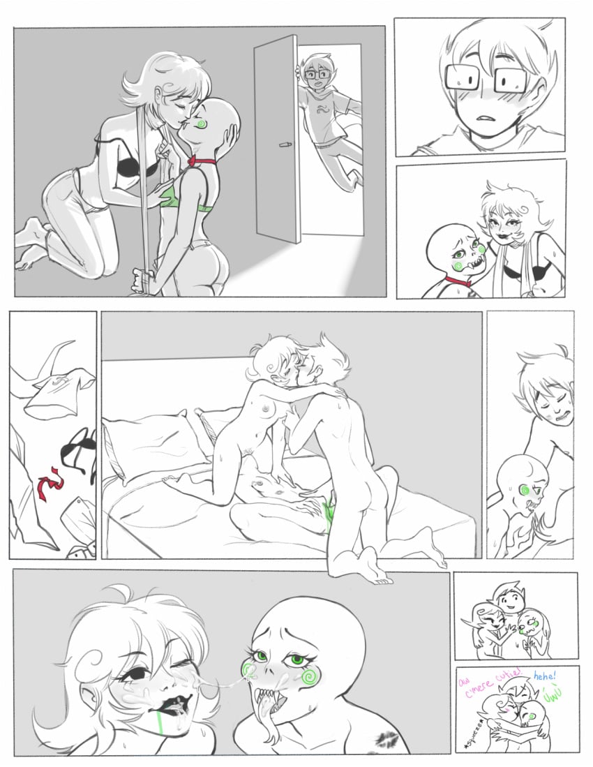 1boy 2girls ass bald bed bisexual black_lipstick bowtie breasts calliope calliope_(homestuck) cherub clothing comic cuddling cum cum_on_face dialogue fellatio female group group_sex homestuck human john_egbert kissing long_tongue male mammal ms_paint_adventures naked nipples oral paradoxjelli penetration penis pussy roxy_lalonde sex sharp_teeth short_hair straight text threesome uwu vaginal_penetration white_background white_hair white_skin