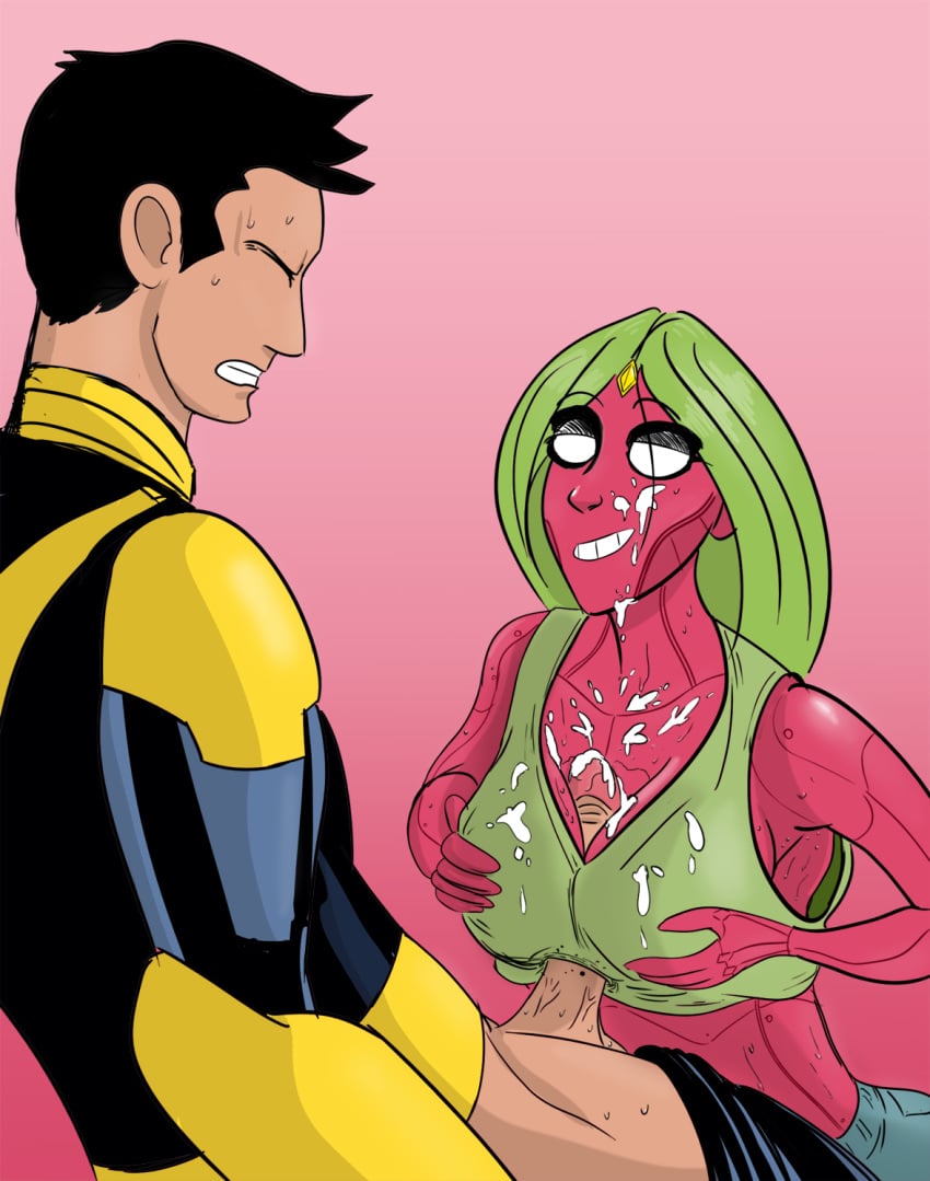 1boy 1girls black_hair breasts champions cleavage covered_breasts cum cum_on_body cum_on_breasts cum_on_upper_body facial female green_hair large_breasts long_hair male marvel marvel_comics midriff nova_(marvel) paizuri penis red_skin ronco sam_alexander short_hair viv_vision