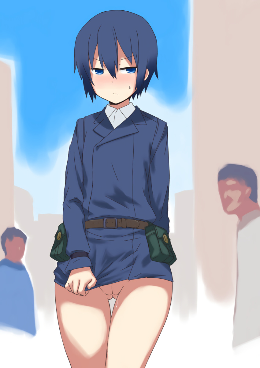 00s artist_request ass belt black_hair blue_eyes blush bottomless city dress_shirt exhibitionism formal highres kino kino_no_tabi pouch pussy pussy_juice shirt short_hair suit sweat tomboy uncensored