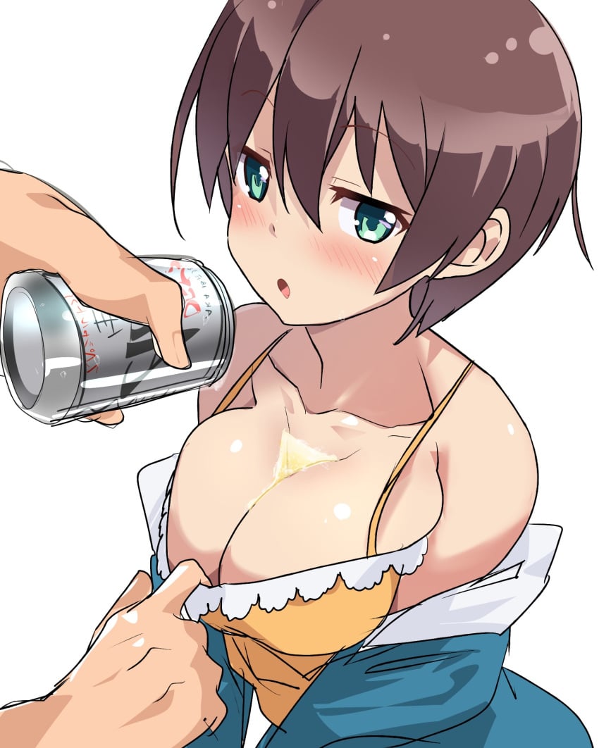 10s 1boy 1girl 1girls :o alcohol bare_shoulders beer beer_can blush breasts brown_hair bust_cup can cleavage clothing collarbone commentary_request drink_can drunk female green_eyes highres human large_breasts looking_at_viewer male new_game! open_mouth shinoda_hajime short_hair solo_focus top_pull wet yam2344 yamacchi