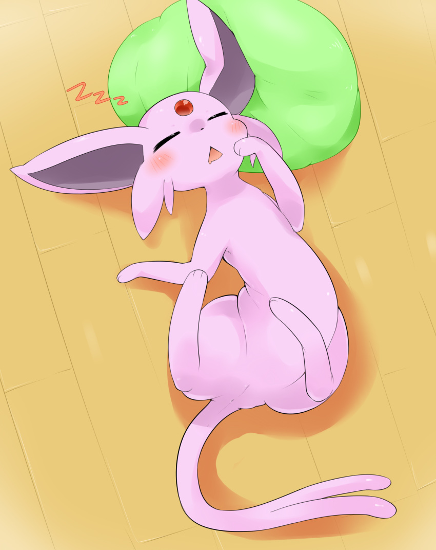 1girls anus ass belly blush closed_eyes drooling eeveelution espeon feet feline female feral floor furry legs_up long_ears nintendo no_nipples nude on_back open_mouth paws pillow pokemon pokemon_gsc purple_fur pussy ravinosuke1 saliva shadow sleeping solo spread_legs tail text tongue video_games yellow_background