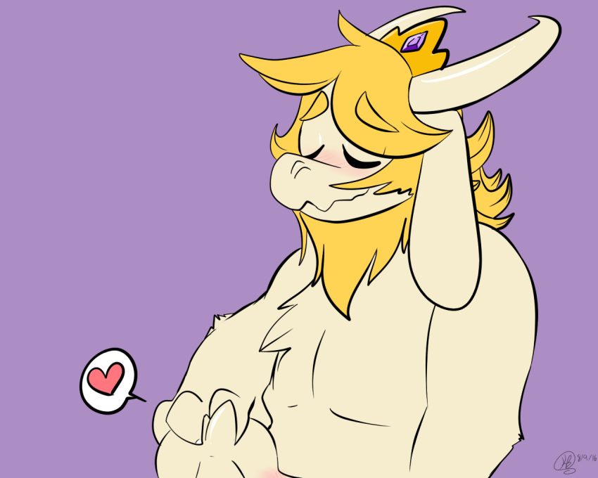 2016 asgore_dreemurr blonde_hair blush boss_monster caprine closed_eyes crown facial_hair fellatio female geekoflove goat hair hand_on_head happy heart horn husband_and_wife implied_fellatio long_ears long_horns male mammal oral purple_background sex spoken_heart straight toriel undertale video_games